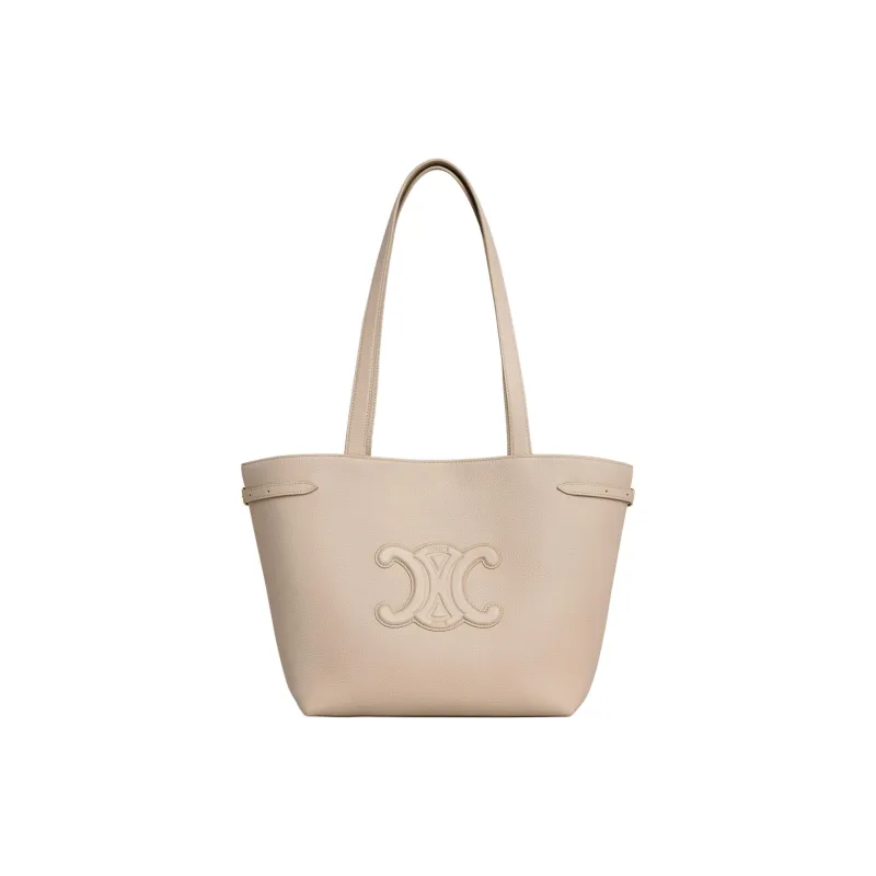 CELINE Triomphe Grained Calfskin Tote Bag Shopping Bag Handbag Small Size Women's Light Beige-0