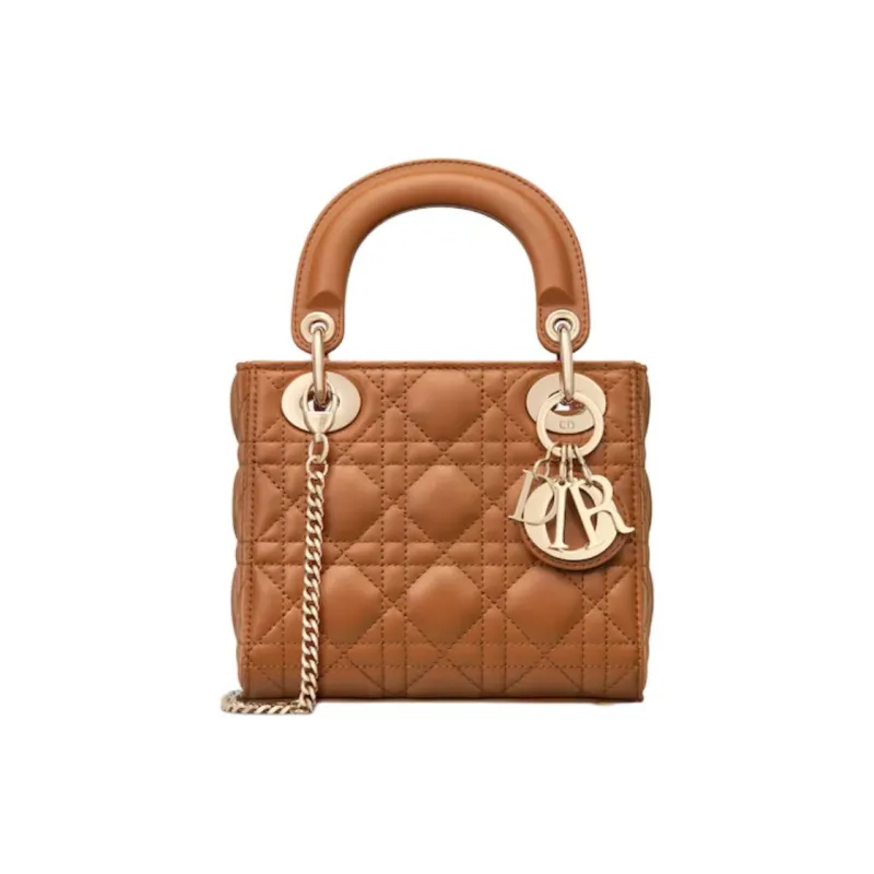 DIOR Lambskin Lady Dior Bag, Shoulder Bag, Crossbody Bag, Handbag Mini Women's Gold Brown-0