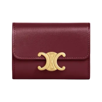 CELINE Triomphe Shiny Cow Leather Coin Purse Wallet Mini Women's Light Burgundy