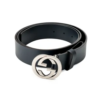 GUCCI Men's Distressed Leather Smooth Buckle, Double GG Logo Belt Leather Belts Men's Width 3.5cm