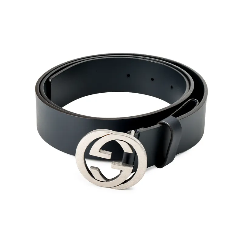 GUCCI Men's Distressed Leather Smooth Buckle, Double GG Logo Belt Leather Belts Men's Width 3.5cm-0