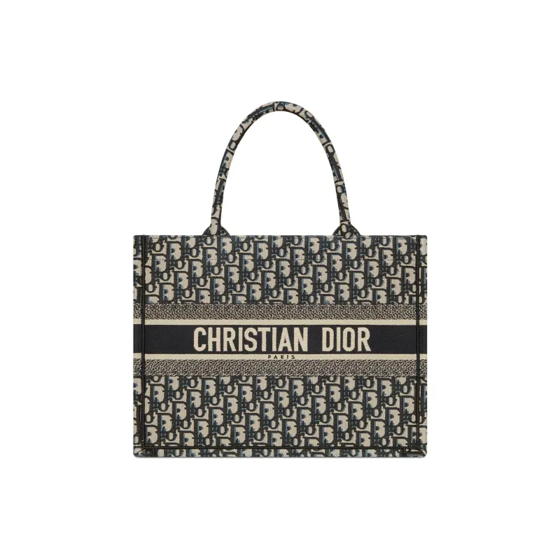 DIOR BookTote Embroidery Tote Bag Shopping Bag Handbag Small Size Women's Beige & Blue-0