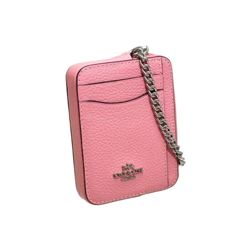 COACH Card Case Pebbled Leather Card Holder Mini Women's Silver & Blossom Pink-4