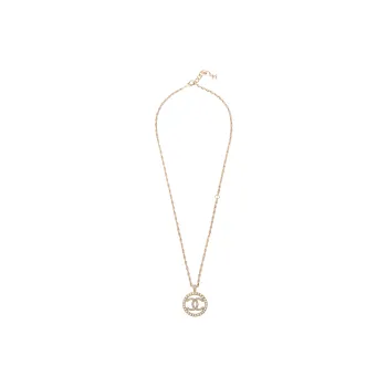 CHANEL 2017 Gold Plated Faux Pearl Cc Round Pendant Necklace Costume Necklace