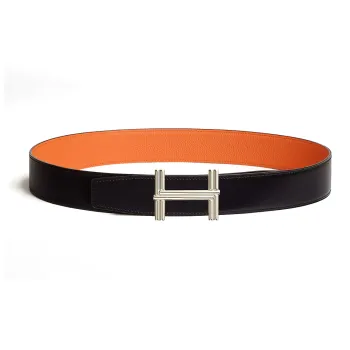 HERMES Logo Buckle Smooth Buckle Leather Belts Men's Orange Width  3.8cm