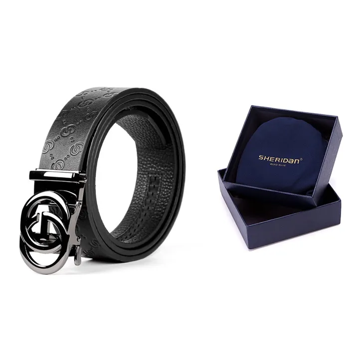 SHERIDan Textured Business Formal Automatic Buckle Cow Leather Belt Men's Black-6