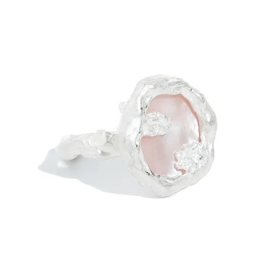 M.Wong Burnished 925 Sterling Silver Inlay Pink Mother of Pearl Handcrafted Texture Open Ended Ring Women's-2