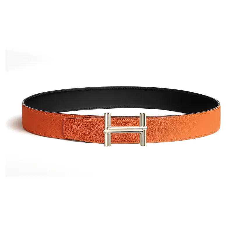 HERMES Logo Buckle Smooth Buckle Leather Belts Men's Orange Width  3.8cm-1