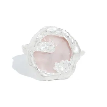 M.Wong Burnished 925 Sterling Silver Inlay Pink Mother-of-Pearl Handcrafted Texture Open-Ended Ring Women's