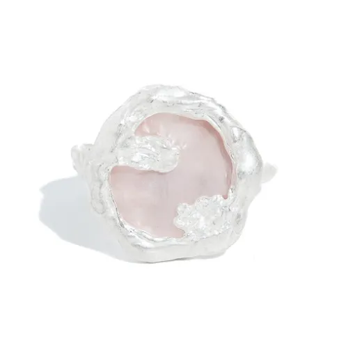 M.Wong Burnished 925 Sterling Silver Inlay Pink Mother-of-Pearl Handcrafted Texture Open-Ended Ring Women's