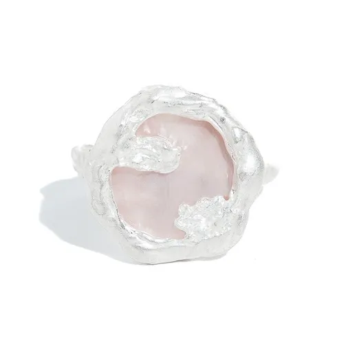 M.Wong Burnished 925 Sterling Silver Inlay Pink Mother of Pearl Handcrafted Texture Open Ended Ring Women's-0