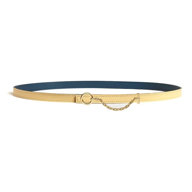 HERMES Chain Decoration Leather Belts Women's Yellow/Blue Width 1.3CM-0