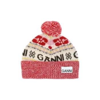 GANNI Logo Intarsia Knitted Pompom Beanie