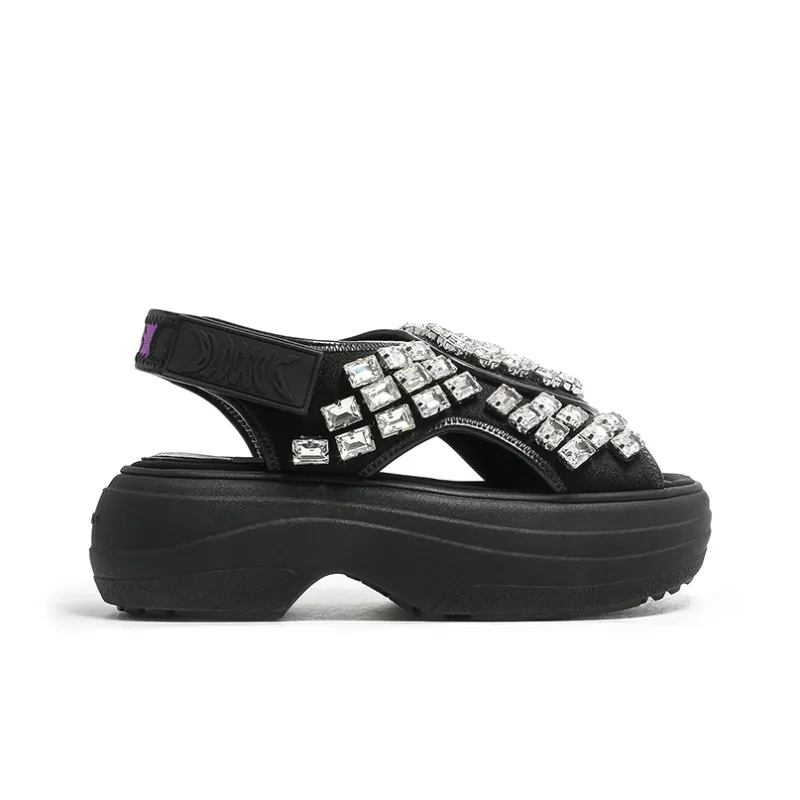 BLOCCO5 Height Increasing Rhinestone Hook and Loop Outdoor Slippers Strap Sandals Medium Heel 3 5cm Women's Black-3