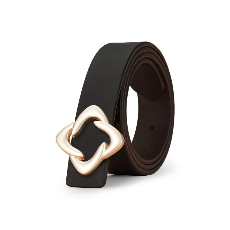 NIUMJ Gold Tone Lock Pattern, Business Casual, Smooth Buckle Leather Belts Women's Width 2.8CM-0