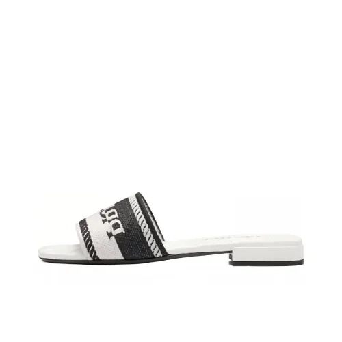 PRADA Logo Embroidered Sandals White Black Cotton