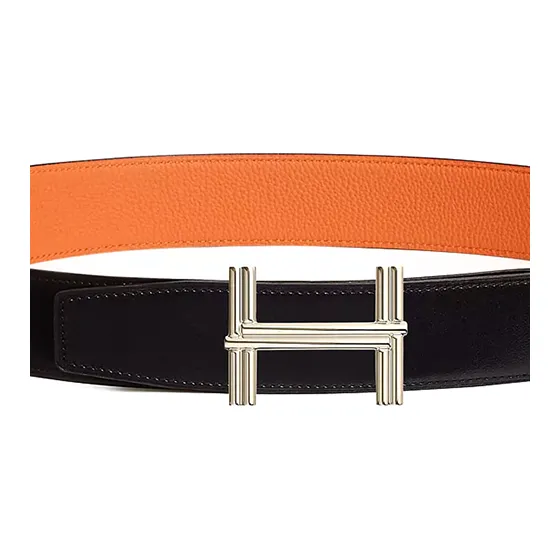 HERMES Logo Buckle Smooth Buckle Leather Belts Men's Orange Width  3.8cm-2