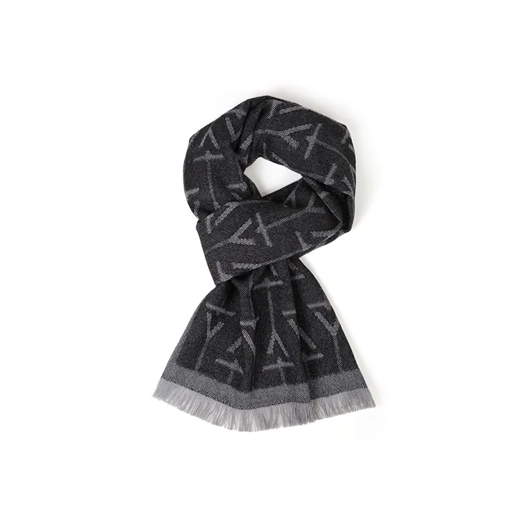 TangGuh Sheep Wool Long Fringe Black Gray Scarf Unisex-1