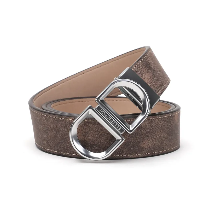 ELLE HOMME Plate Buckle Belt Genuine Leather, Alloy Buckle Top Grain Cow Leather Belt Men's Light Brown Width 3.4cm-0
