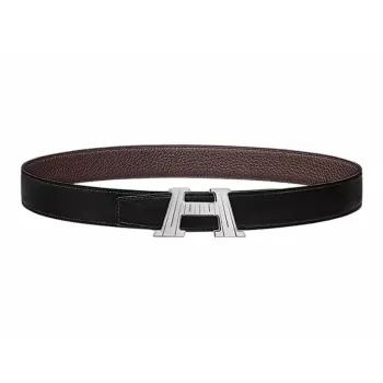 HERMES Brushed Double Sided H Buckle Calfskin Leather Belts Men's Black Width  3.2CM