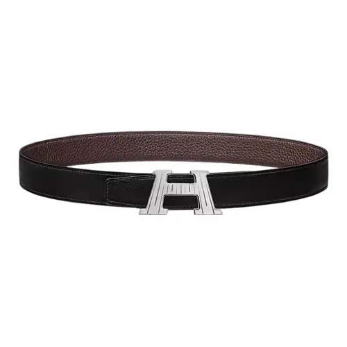 HERMES Brushed Double Sided H Buckle Calfskin Leather Belts Men's Black Width  3.2CM
