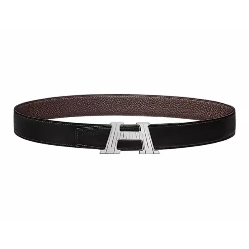 HERMES Double Sided Brushed Double Sided H Buckle Calfskin Leather Belts Men's Black Width 3.2cm-0