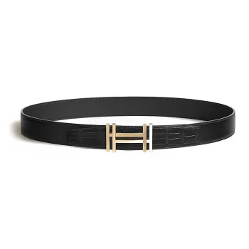 HERMES Block H Smooth Buckle Leather Belts Men's Black Width 3.2MM