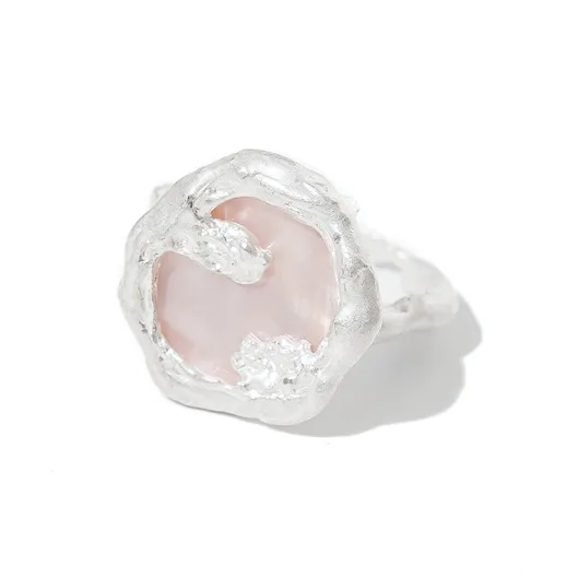 M.Wong Burnished 925 Sterling Silver Inlay Pink Mother of Pearl Handcrafted Texture Open Ended Ring Women's-1