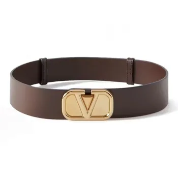Valentino V Letter Logo Smooth Buckle Leather Belts Women's Brown