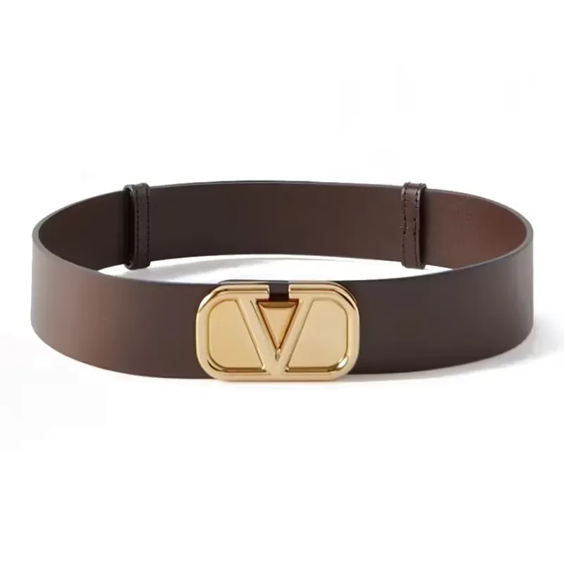 Valentino V Letter Logo Smooth Buckle Leather Belts Women's Brown-0