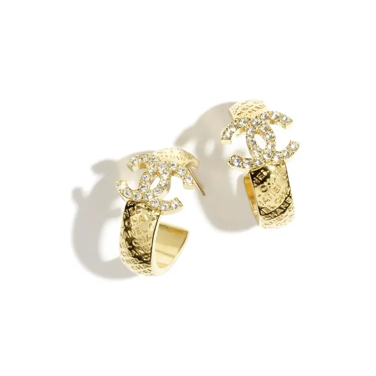 CHANEL Metal Rhinestone Crystal Earrings Women's Gold-0