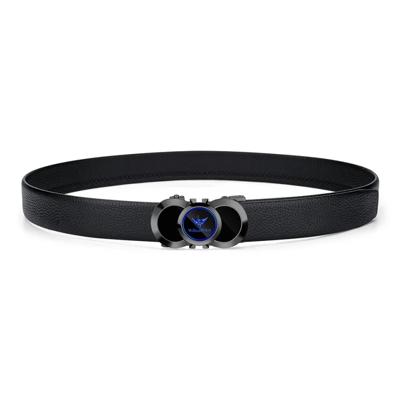 WilliamPOLO Top Grain Cow Leather Leather Belts Men's Gunmetal Buckle Blue Logo 3.5cm Width-1