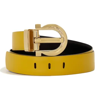 FERRAGAMO Ring Pin Buckle Leather Belts Women's Yellow Width  3.5cm