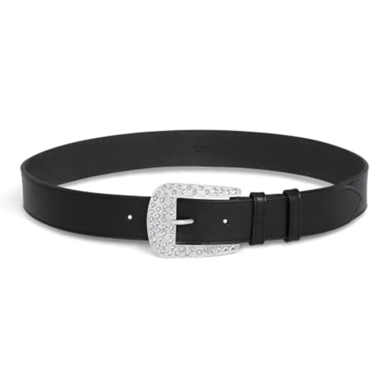 CELINE Silver Finish Pin Buckle Leather Belts Women's Black-0
