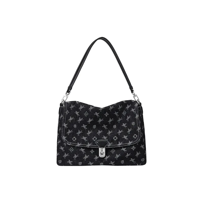 NUCELLE Fabric Denim Bag Shoulder Bag Crossbody Bag Medium Size Women's Tannin Blue/Twilight Black-5