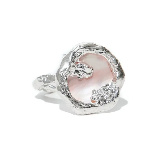 M.Wong Burnished 925 Sterling Silver Inlay Pink Mother of Pearl Handcrafted Texture Open Ended Ring Women's-4