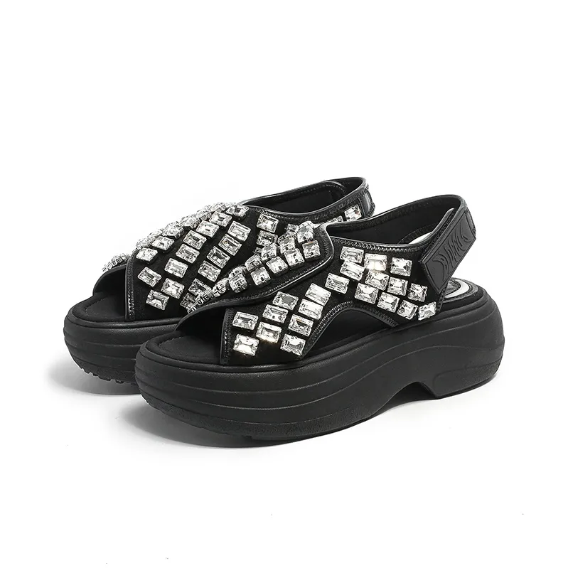 BLOCCO5 Height Increasing Rhinestone Hook and Loop Outdoor Slippers Strap Sandals Medium Heel 3 5cm Women's Black-5
