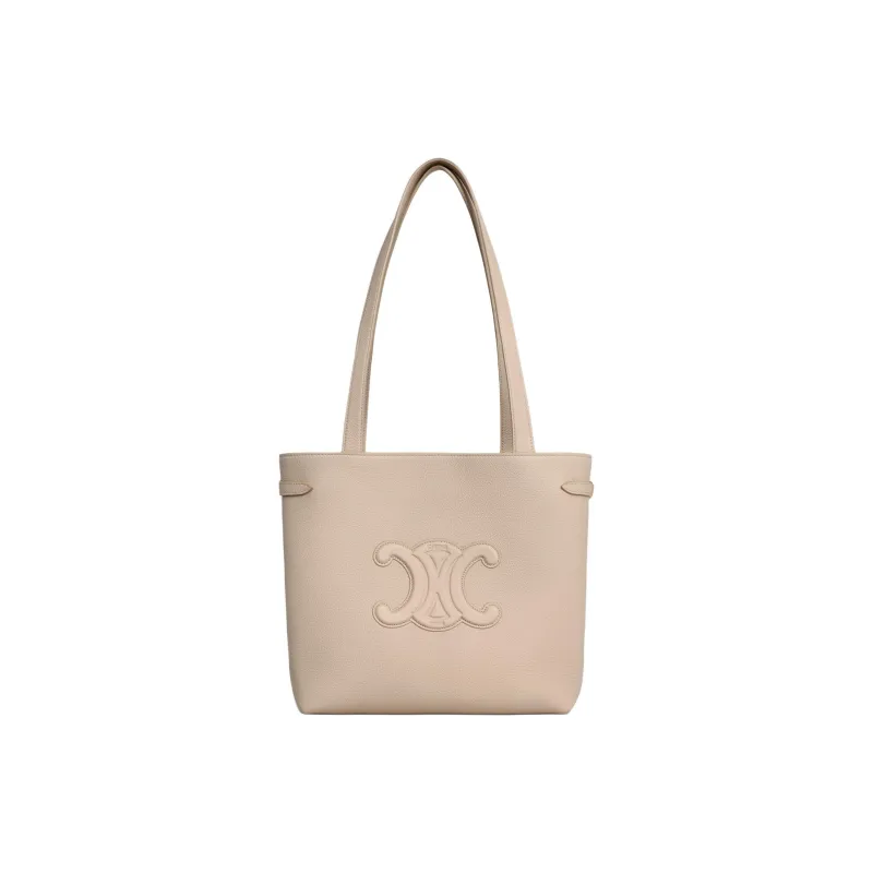 CELINE Triomphe Grained Calfskin Tote Bag Shopping Bag Handbag Small Size Women's Light Beige-4