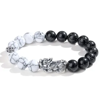 YINCHIE S999 Fine Silver Turquoise Bracelets Men's Black & White
