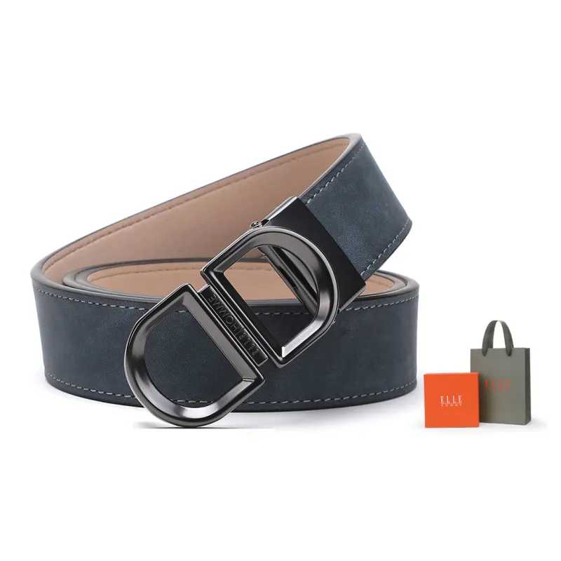 ELLE HOMME Plate Buckle Belt Genuine Leather, Alloy Buckle Top Grain Cow Leather Belt Men's Light Brown Width 3.4cm-6