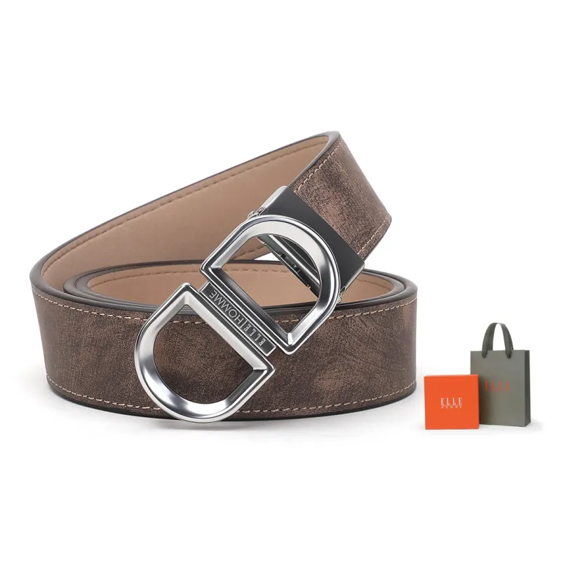 ELLE HOMME Plate Buckle Belt Genuine Leather, Alloy Buckle Top Grain Cow Leather Belt Men's Light Brown Width 3.4cm-1