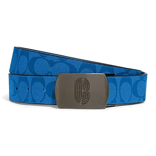 COACH Brand Logo Embossed Smooth Buckle Leather Belts Unisex Blue Width: 3.8cm