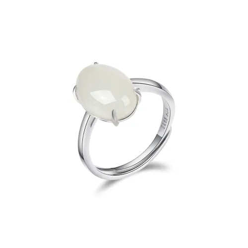 Yi Zhen Ge 925 Sterling Silver Hetian Jade Rings Women's White Jade