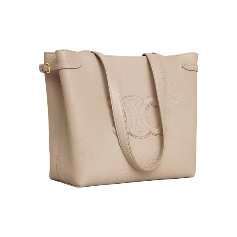 CELINE Triomphe Grained Calfskin Tote Bag Shopping Bag Handbag Small Size Women's Light Beige-2