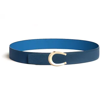 HERMES Double-Sided Logo Smooth Buckle Leather Belts Men's Blue Width: 3.8CM