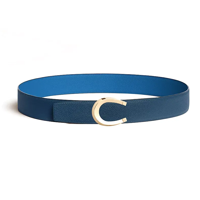 HERMES Double-Sided Logo Smooth Buckle Leather Belts Men's Blue Width: 3.8CM-0