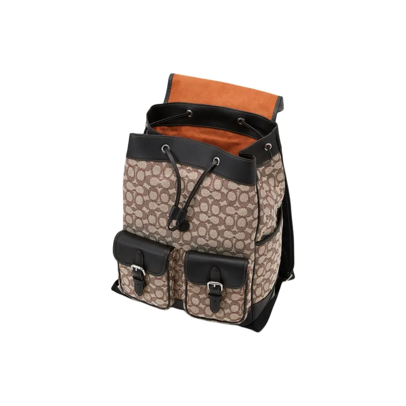 COACH Frankie Textile Jacquard With Glove Tanned Leather Backpack Large Size Unisex Black & Gray-2