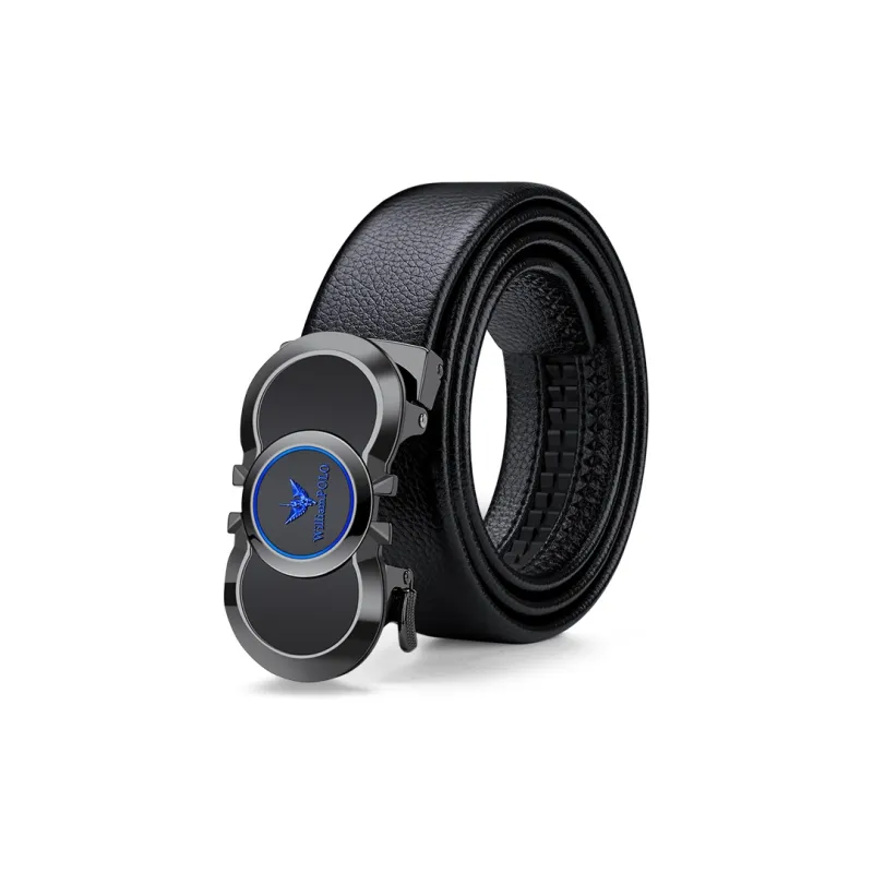 WilliamPOLO Top Grain Cow Leather Leather Belts Men's Gunmetal Buckle Blue Logo 3.5cm Width-0