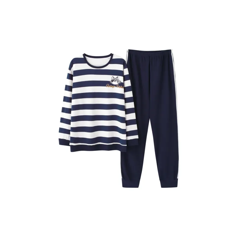 Montagut Pajama Set Autumn And Winter Season Men's Two Piece Set Blue & White-0