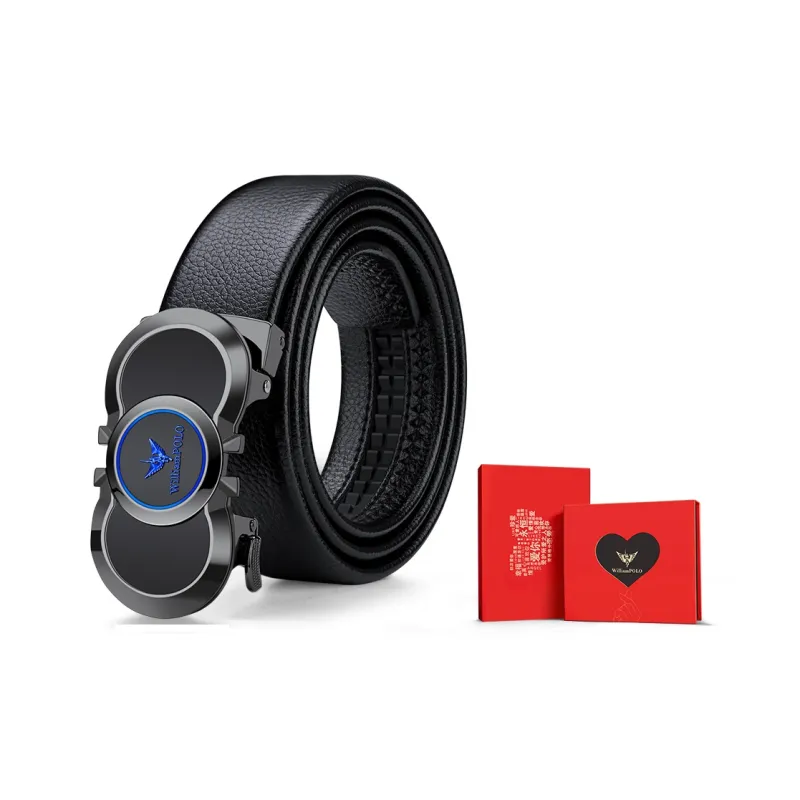 WilliamPOLO Top Grain Cow Leather Leather Belts Men's Gunmetal Buckle Blue Logo 3.5cm Width-6